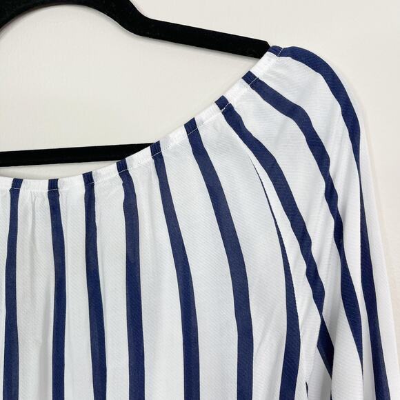 Cupcakes and Cashmere Small Striped Off The Shoulder Top White Blue Button Front - Picture 5 of 9